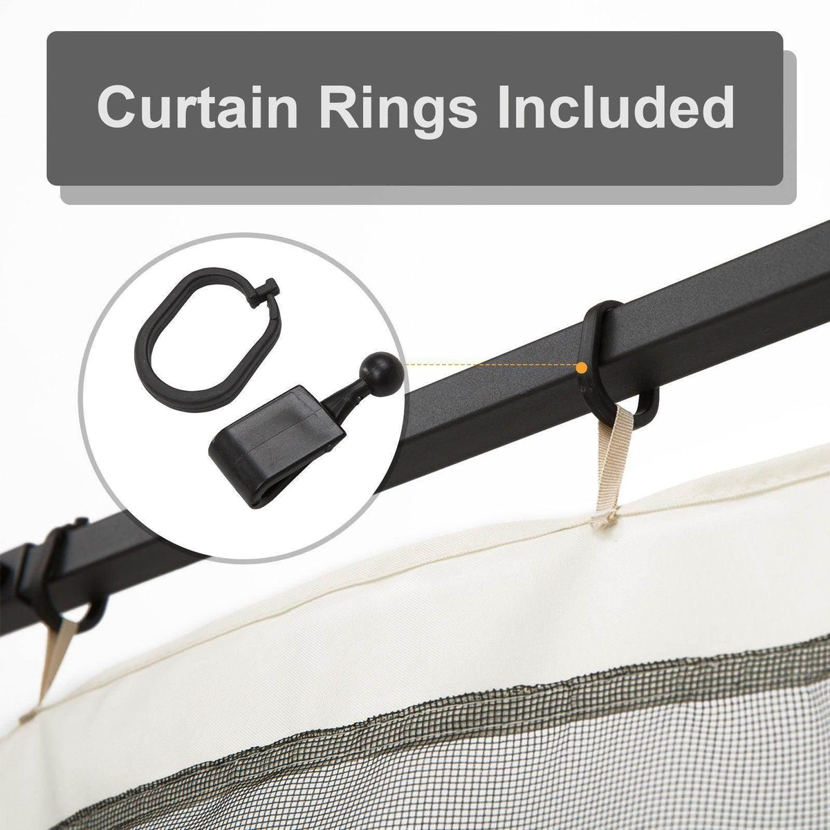 Gazebo mesh wall curtain rings and hooks with hanging cord on track