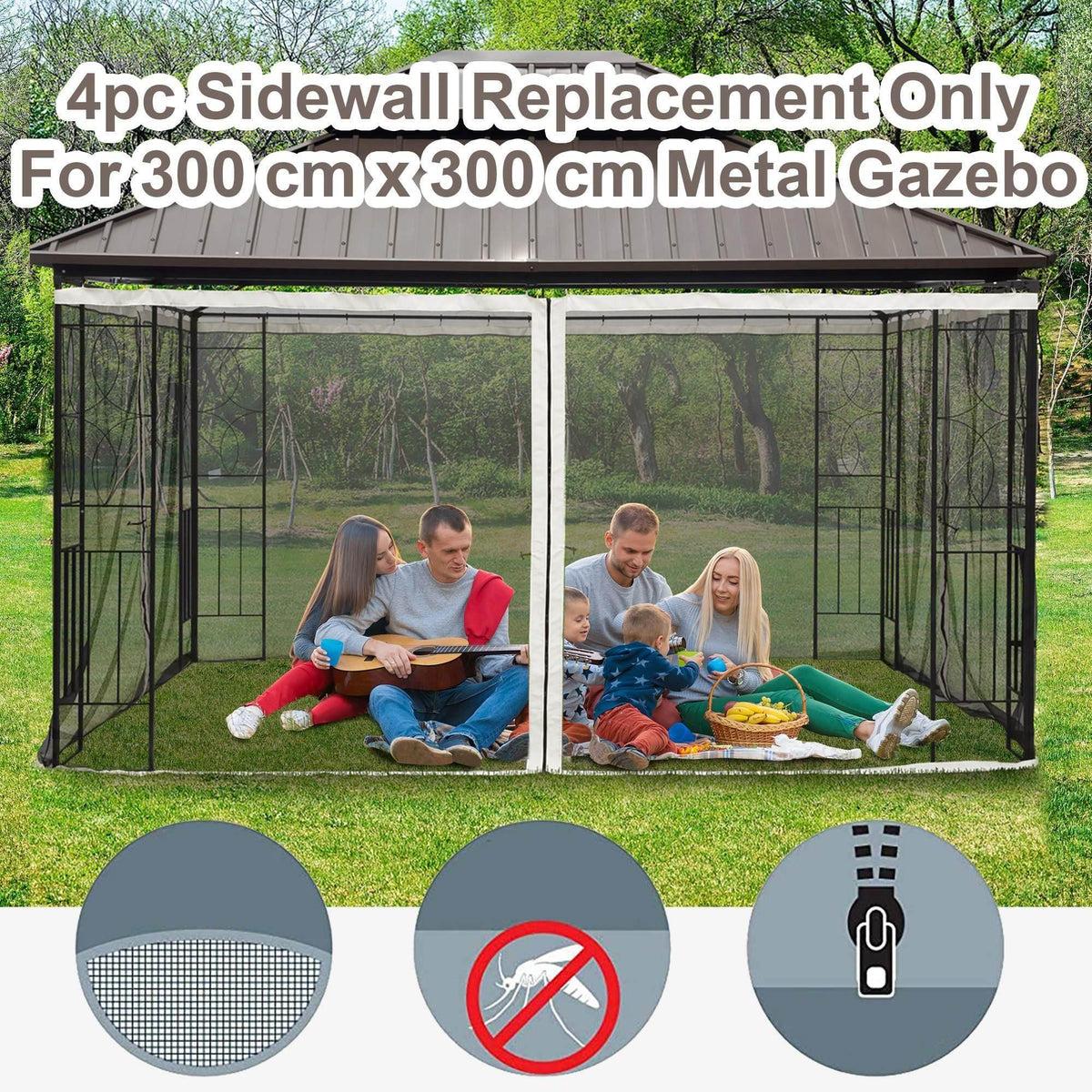 Gazebo mesh sidewall panels with zippered curtains and black metal frame