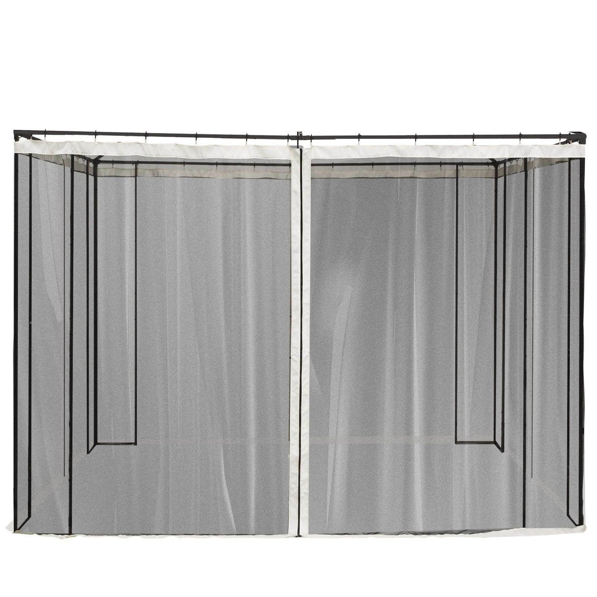 Two-panel gazebo mesh curtain with gray panels and black metal frame