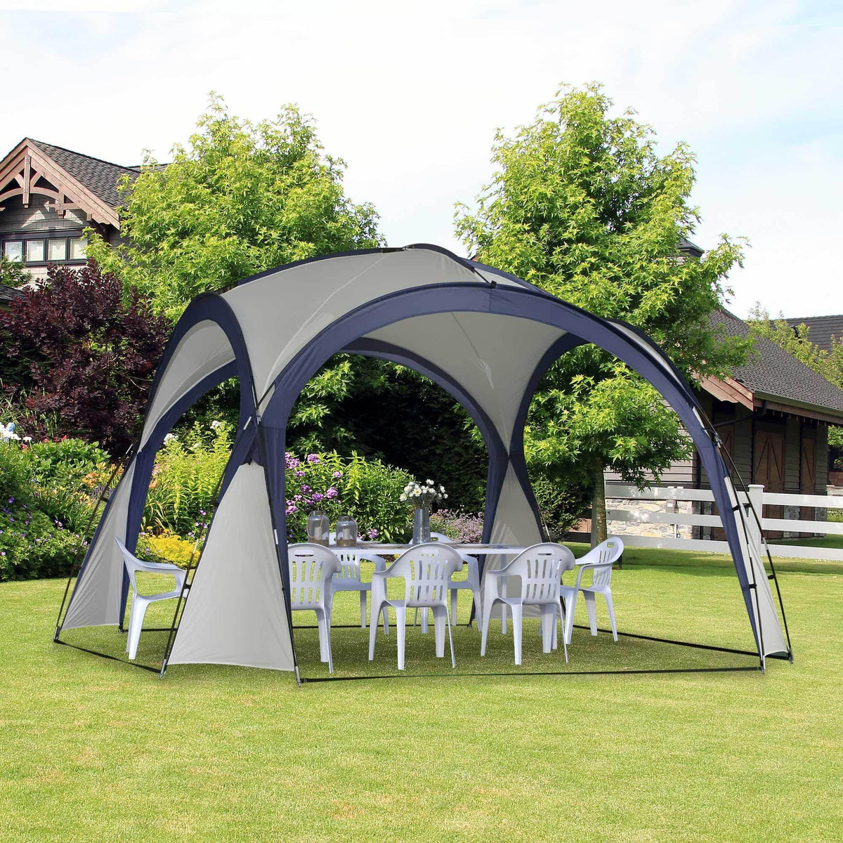 Cream and blue gazebo shelter with arched mesh panels and front door opening