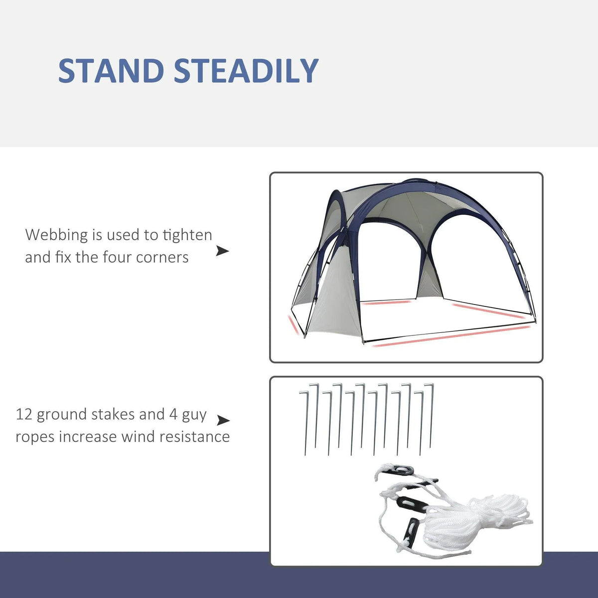 Cream and blue gazebo shelter with ground stakes and guy ropes for stability