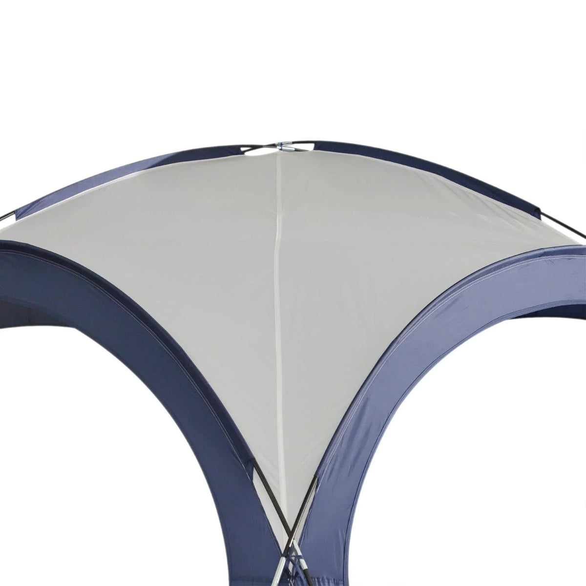 Cream and blue gazebo shelter close-up of arched roof seams and fabric panels