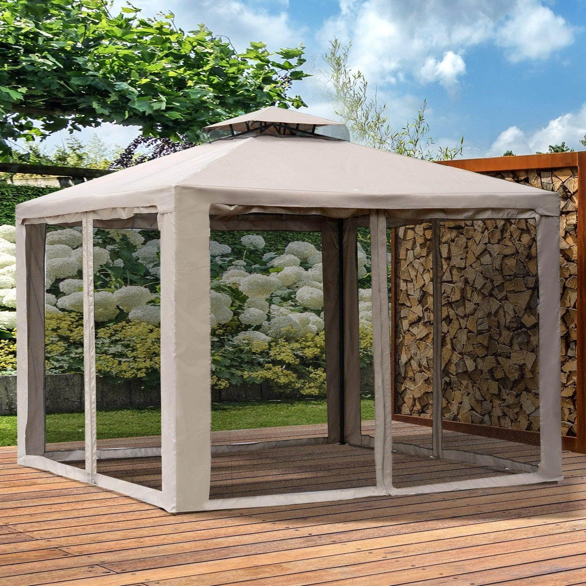 Outdoor gazebo tent with taupe canopy, mesh side panels, and black-framed posts