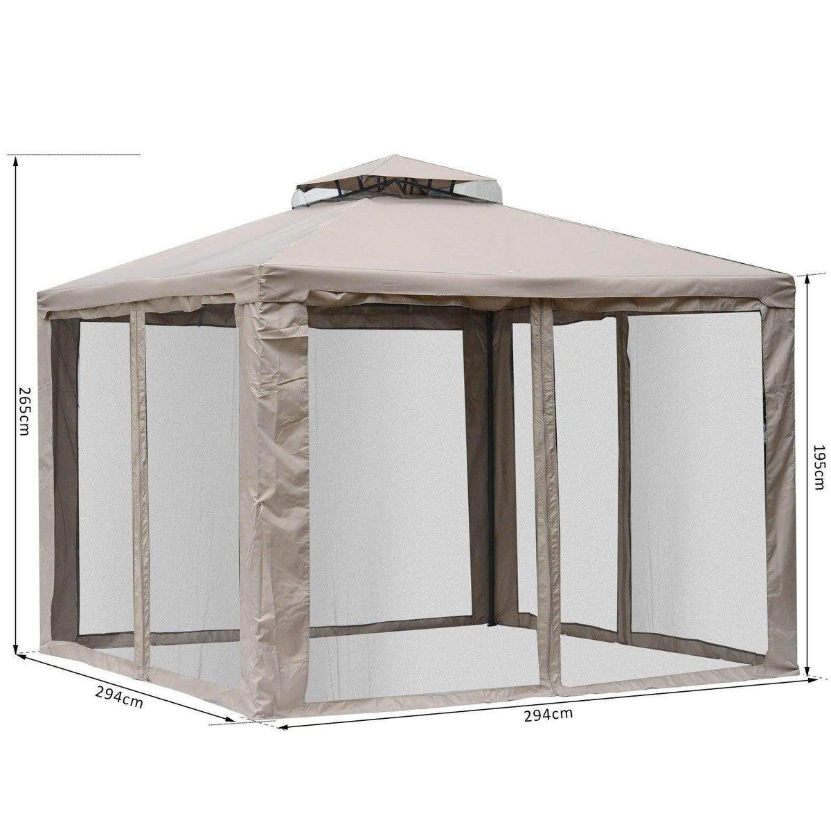Taupe gazebo tent with two-tier roof, open mesh panels, and black frame supports