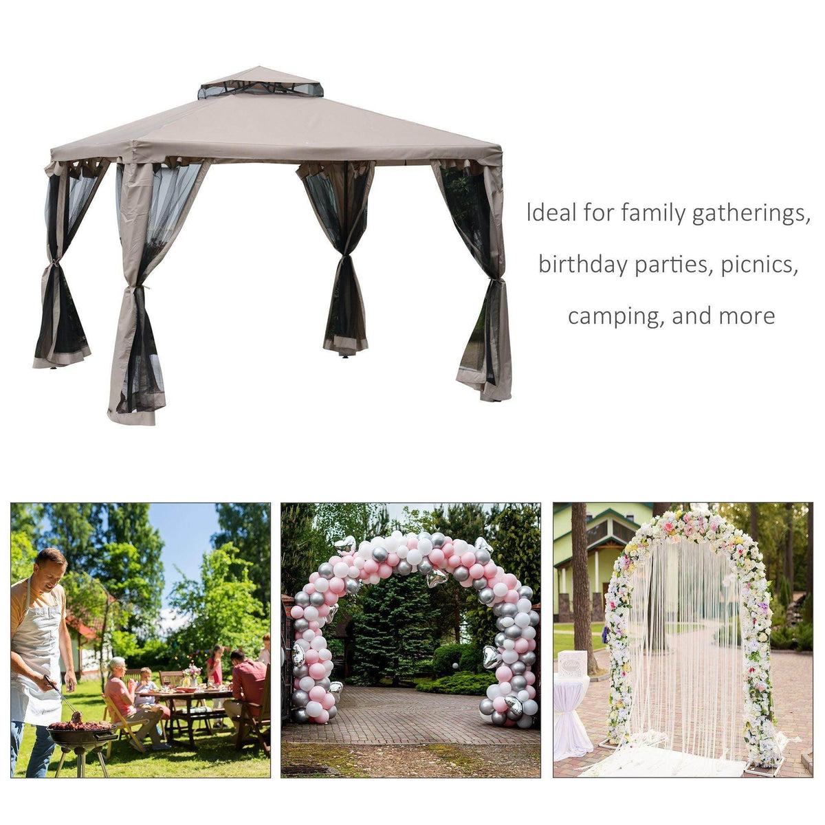 Taupe outdoor gazebo tent with hanging curtains at the top opening and mesh sides
