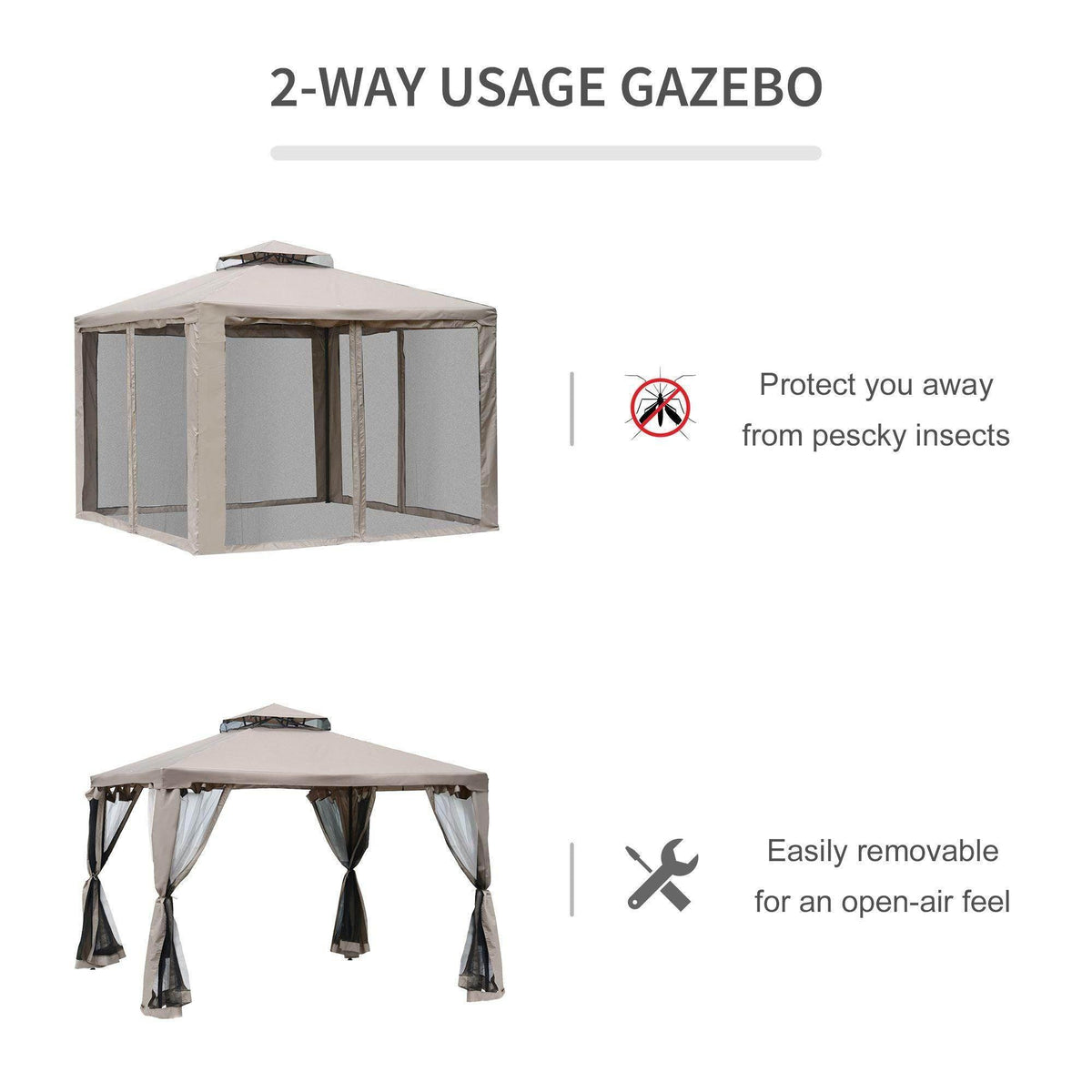 Taupe gazebo tent with two-tier roof and four side panels for insect protection