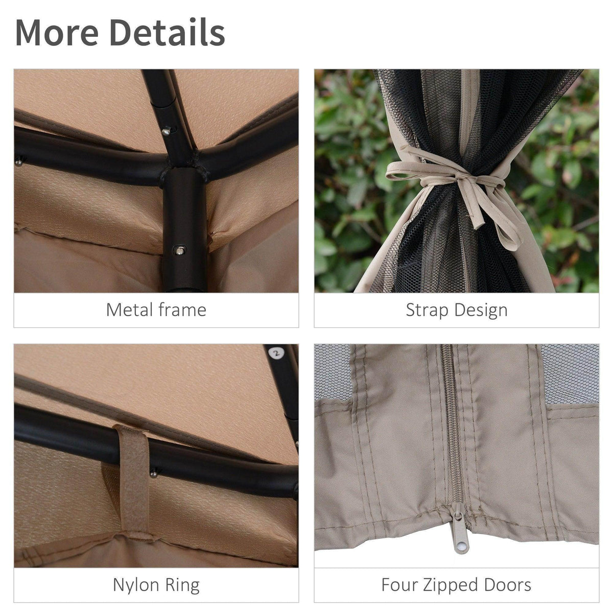 Gazebo tent detail: metal frame, strap ties, nylon rings, and four zippered doors