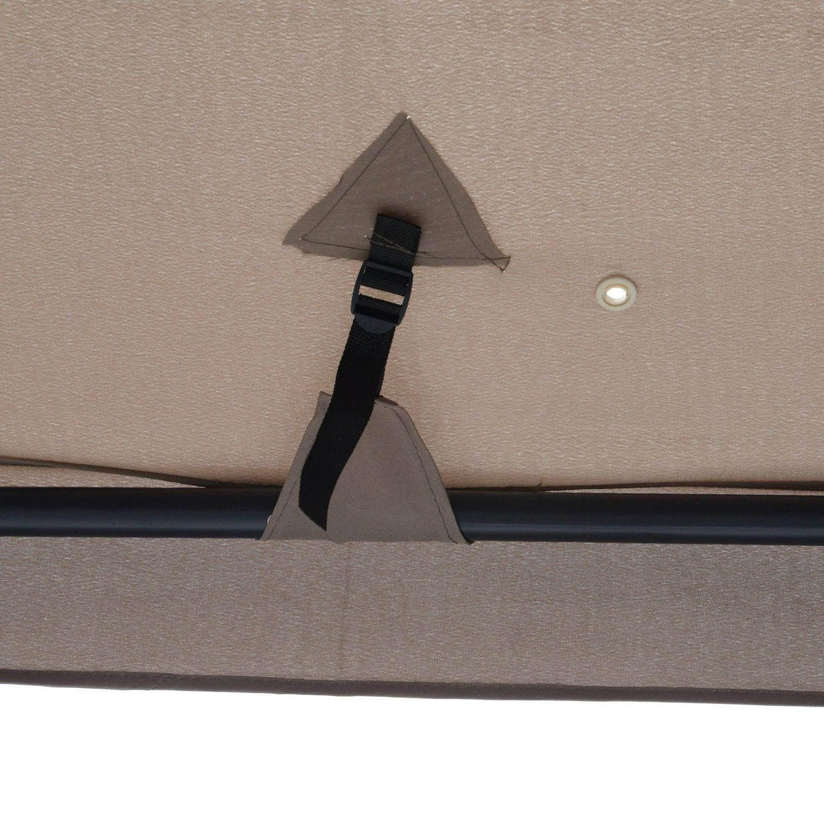 Taupe gazebo tent canopy corner with black strap tie and reinforced seam stitching