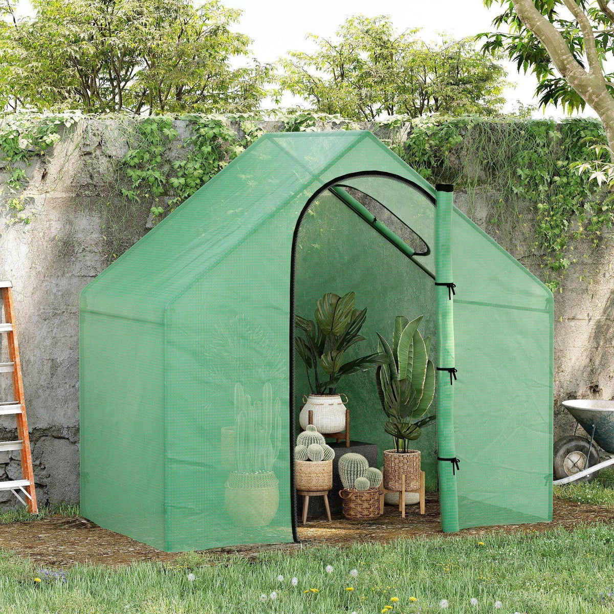 Green fabric greenhouse with arched front door opening and side access panel