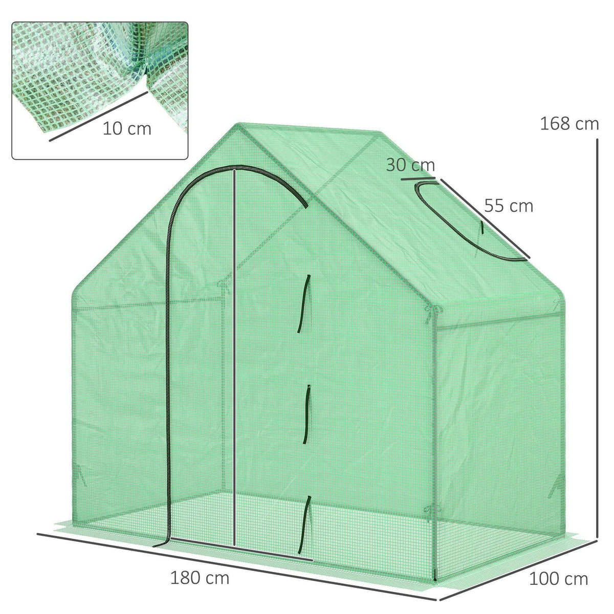 Green greenhouse structure with arched front door, side roll-up window, and clear mesh walls