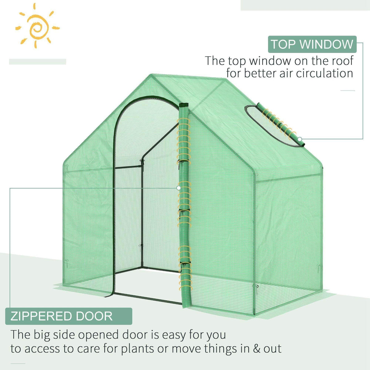 Green greenhouse with zipped side door and roof top window for air circulation