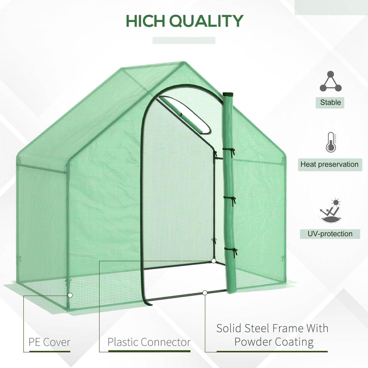 Green greenhouse with arched door opening and green frame with mesh walls