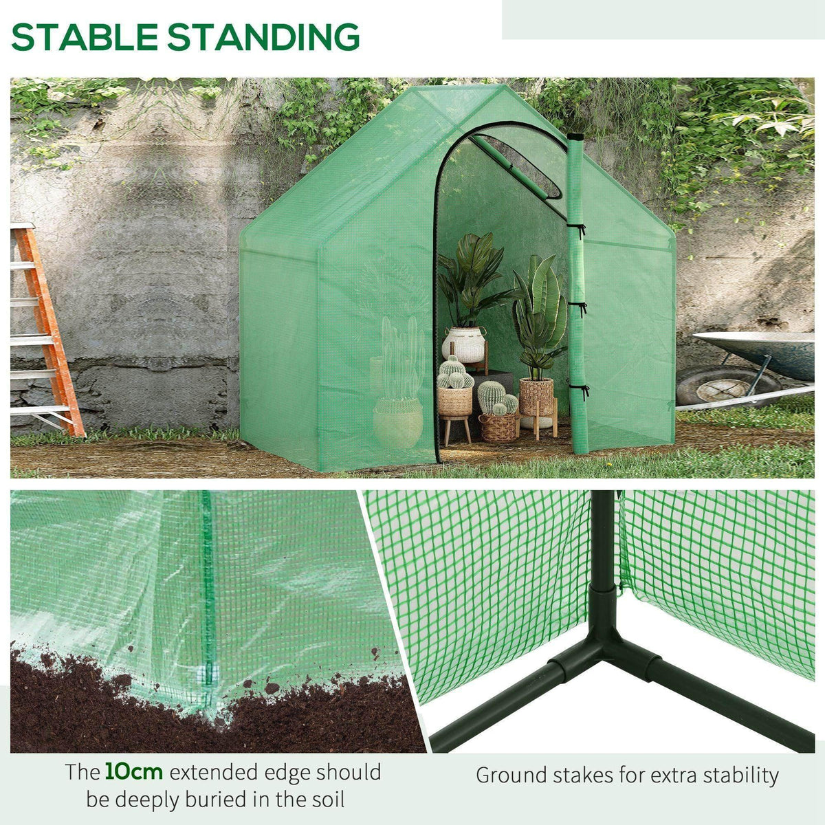 Green greenhouse with arched front door opening and corner ground stakes for stability