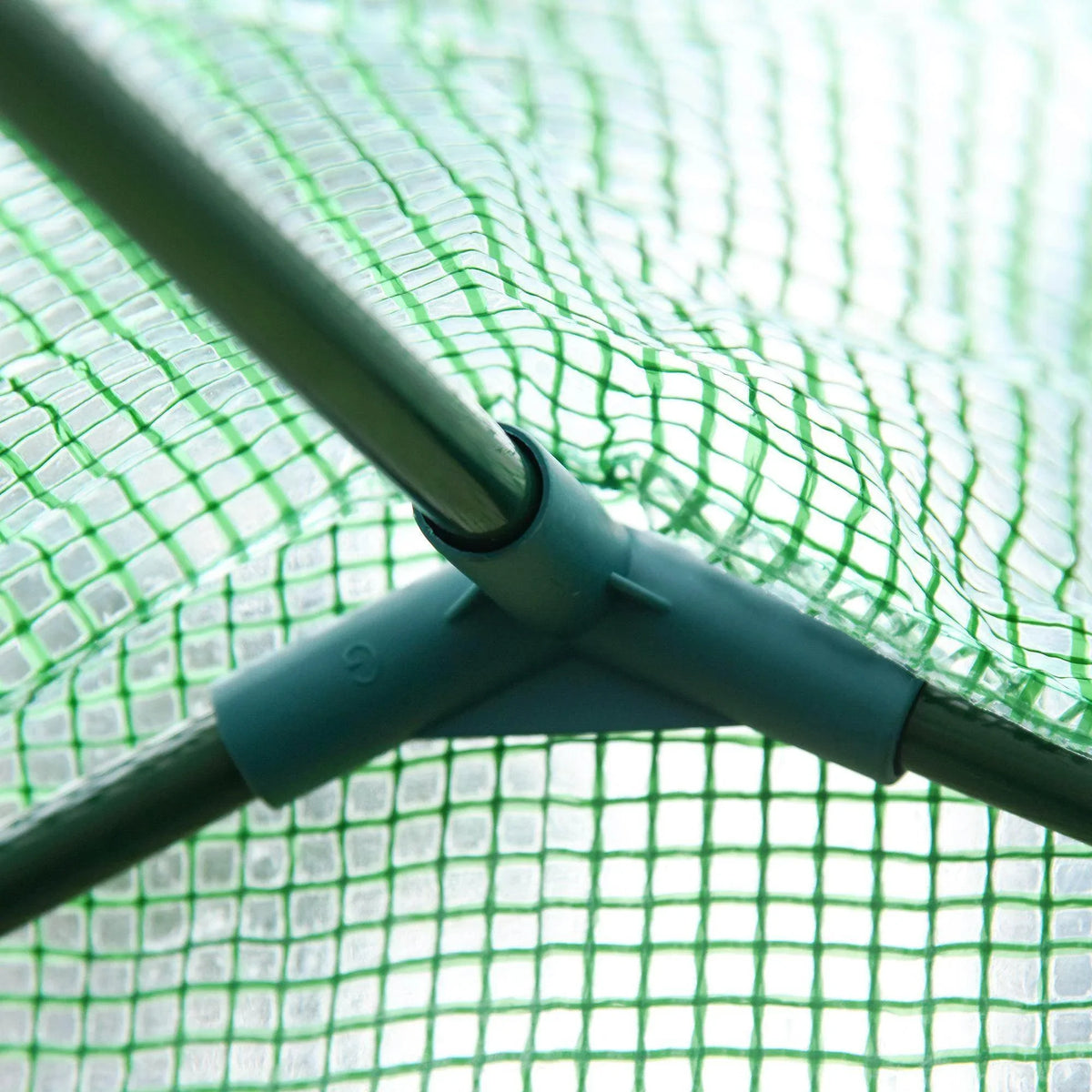 Green steel greenhouse frame connector joint with mesh attached
