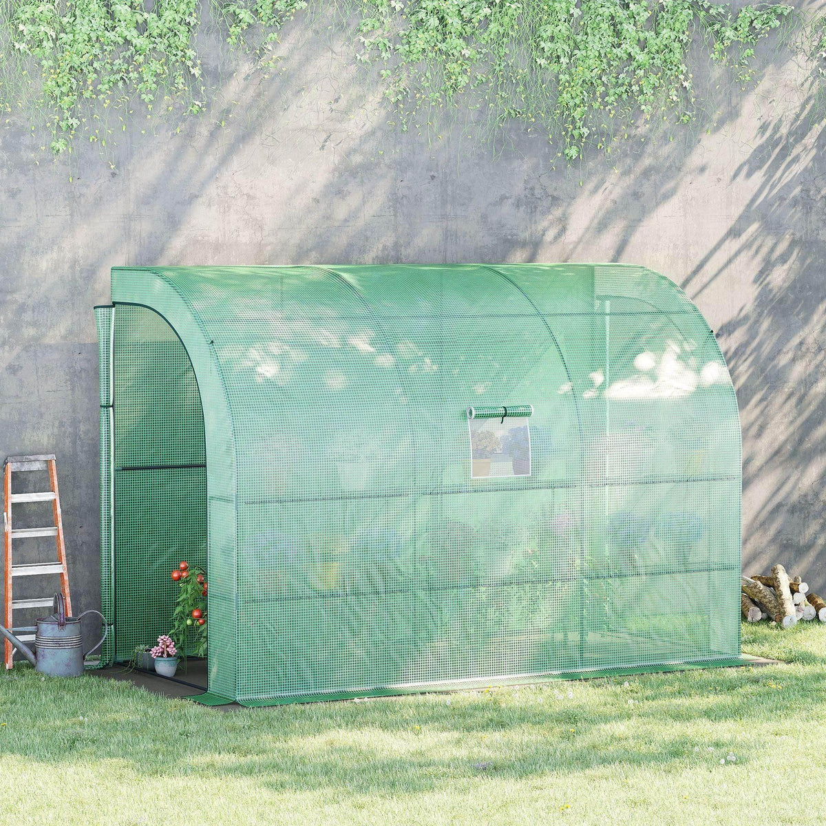 Greenhouse with green translucent mesh PE cover, arched shape, front window opening
