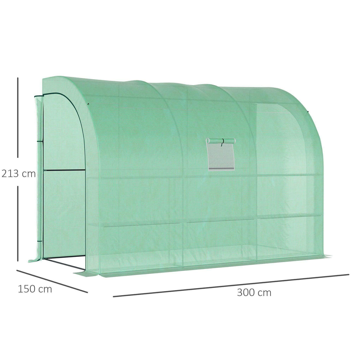 Greenhouse with green translucent PE cover, arched end, front door and window panels