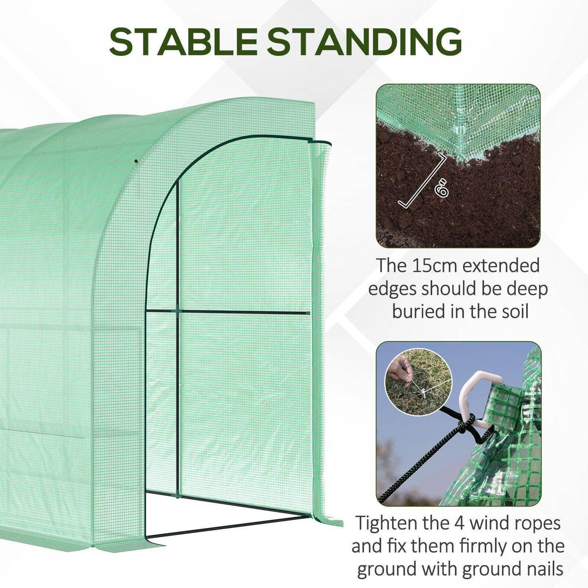 Greenhouse with roll-up door panel open, green PE mesh wall, arched end frame