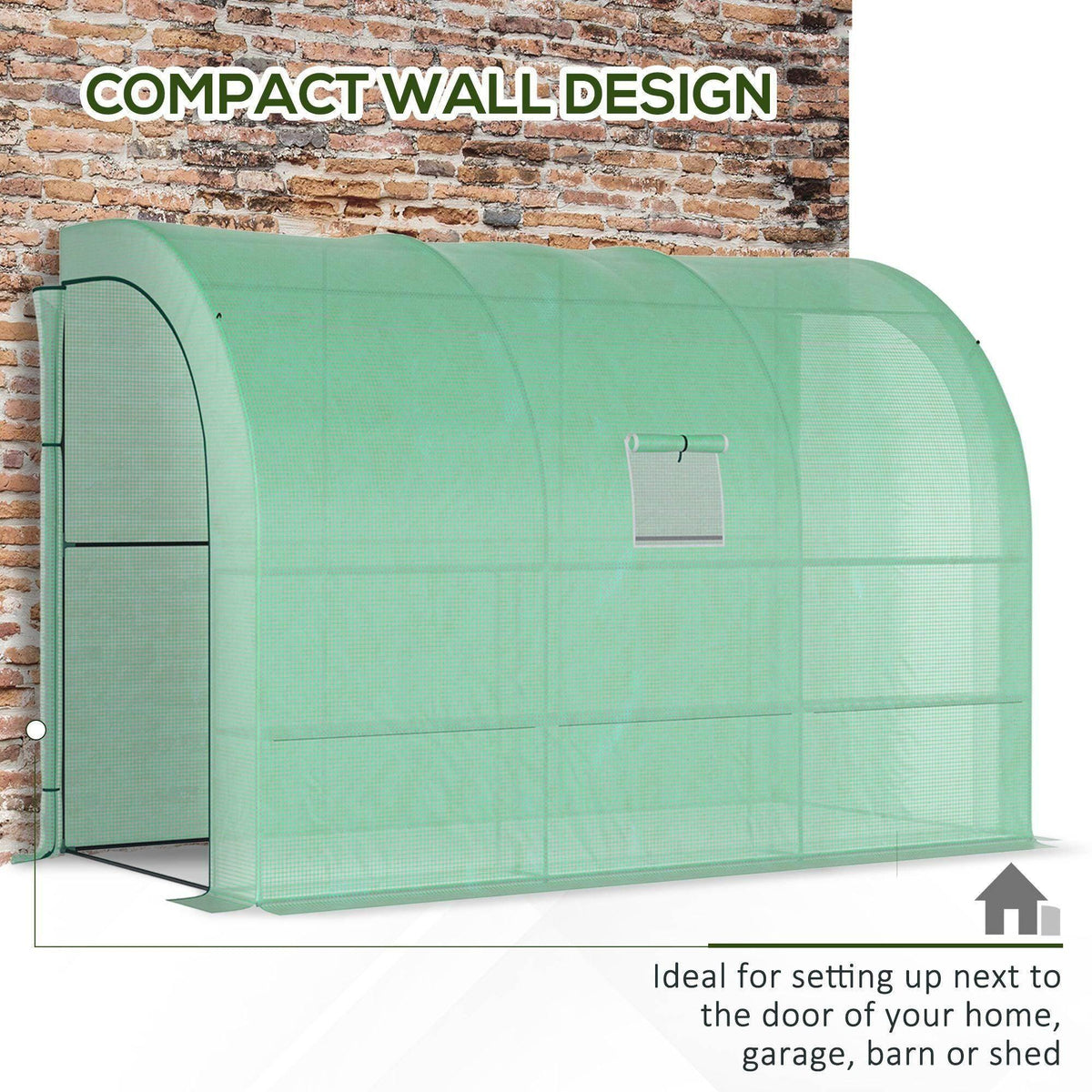 Compact wall greenhouse with green mesh PE cover, front door opening, arched roof