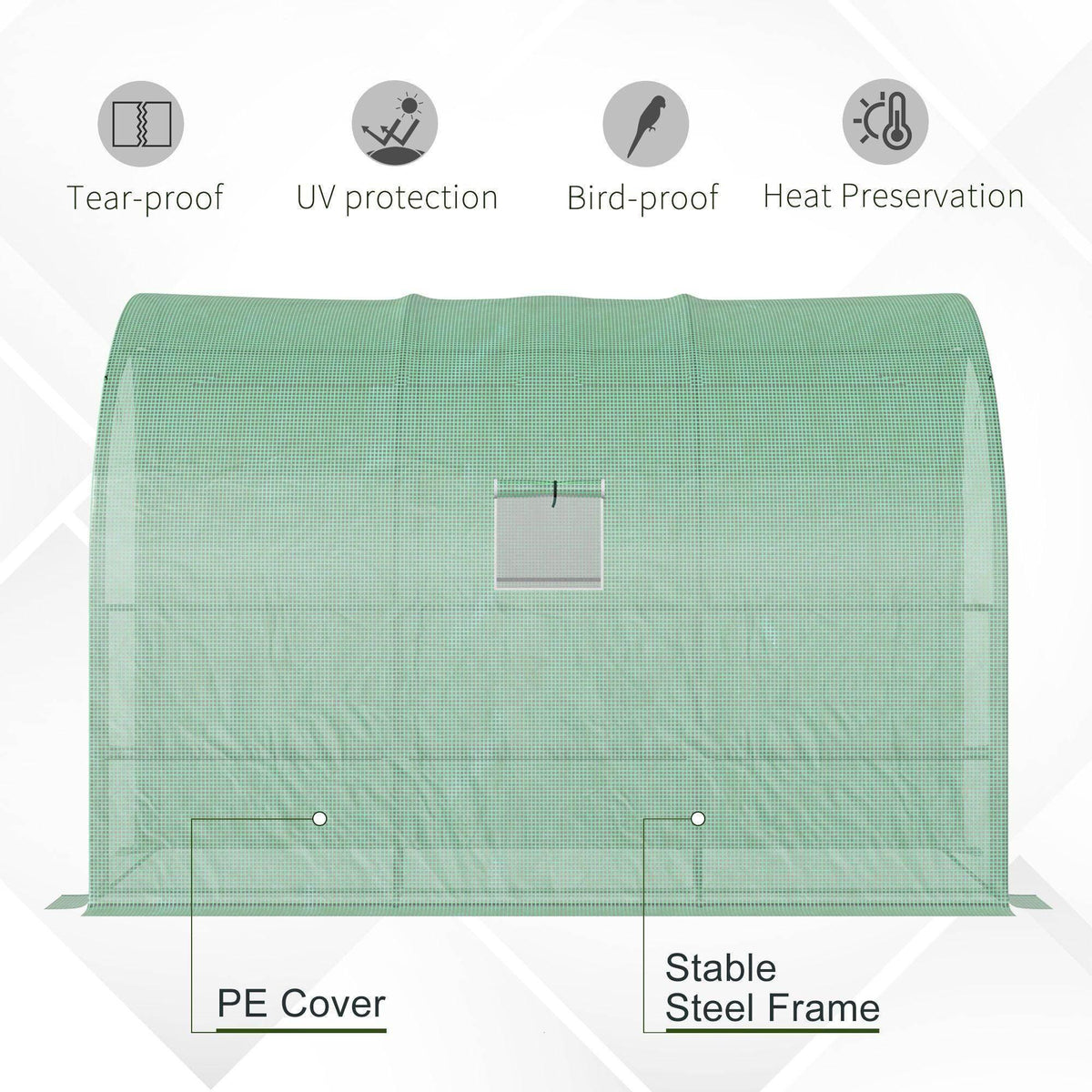 Greenhouse with green PE cover over steel frame, vent window cutout, roll-up door