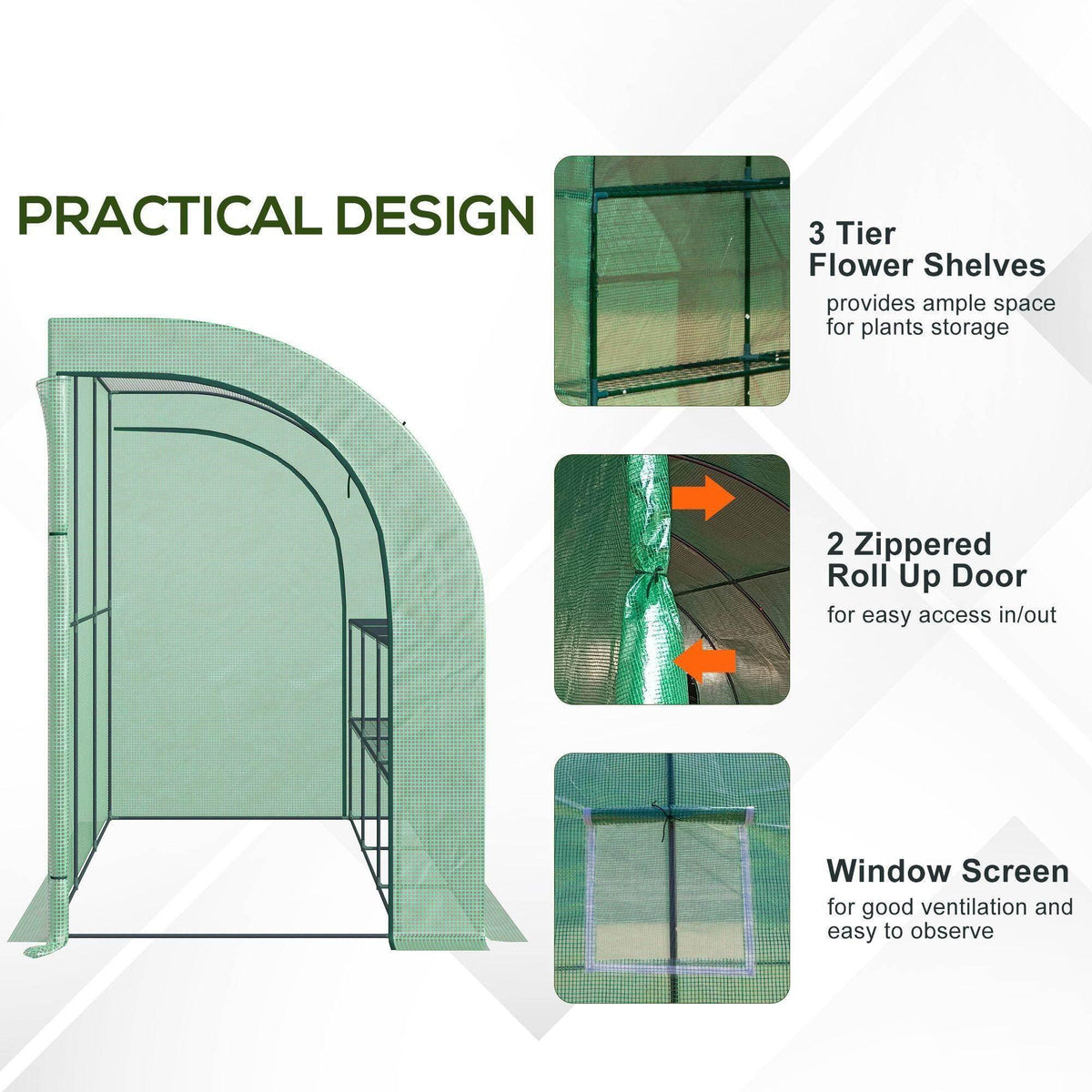 Greenhouse with green PE cover, 3-tier flower shelves inside, roll-up door and window screen