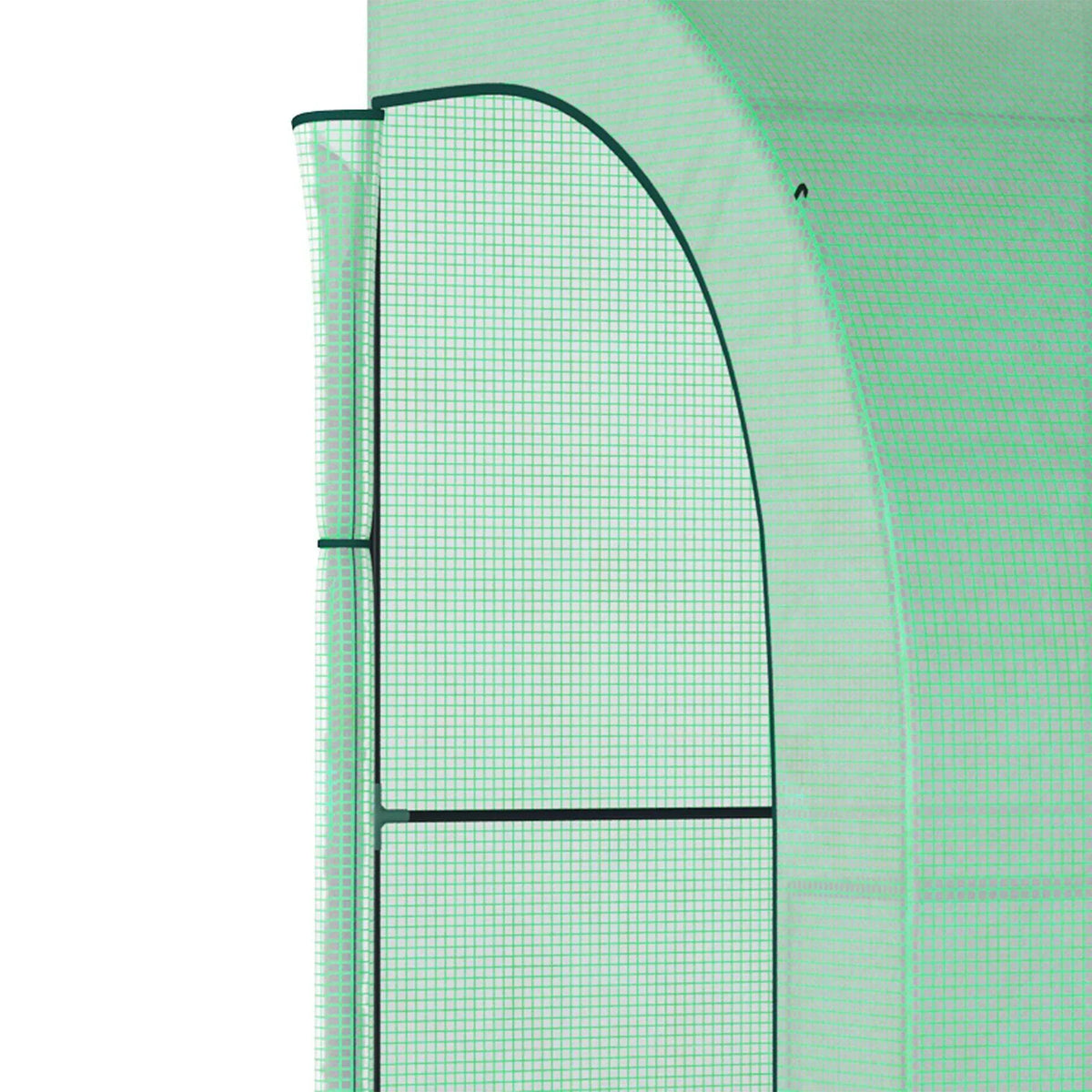 Greenhouse arched door frame with green mesh PE panel and vertical side seam