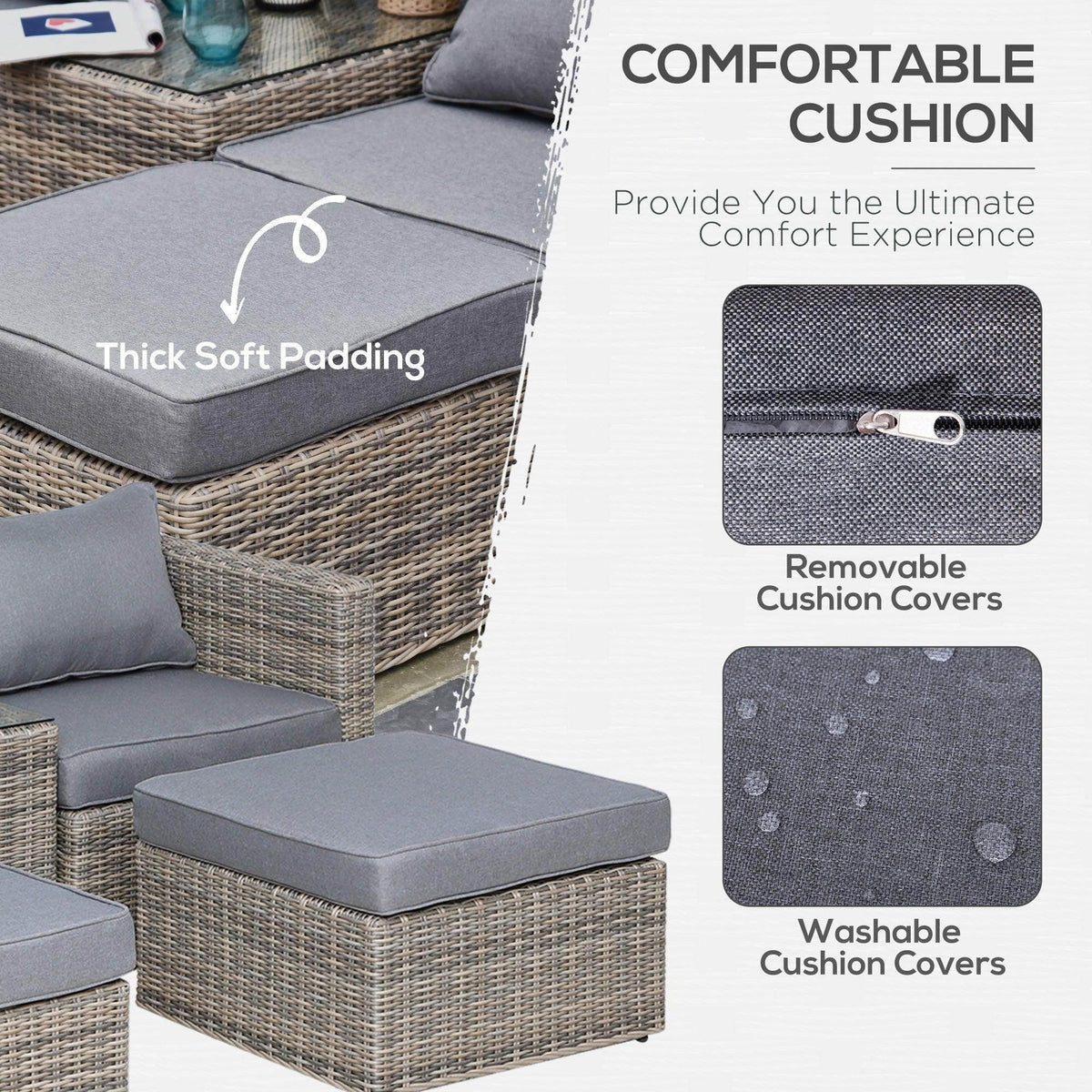 Grey seat cushion with thick padding on woven grey rattan sofa