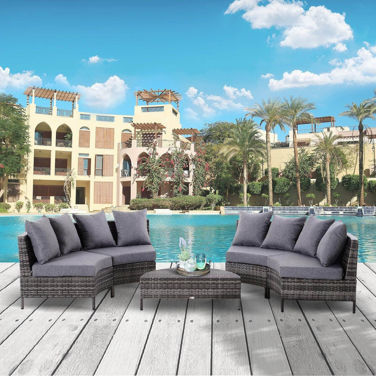 Outdoor gray rattan sofa set with corner sectional and round side table