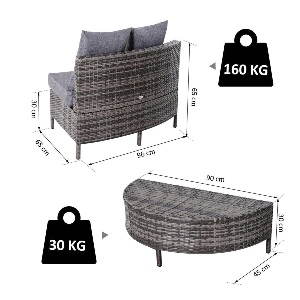 Gray outdoor rattan sofa chair and round side table with size and weight labels