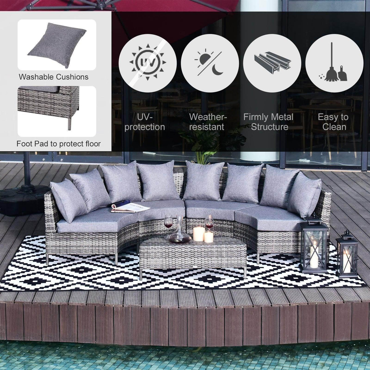 Outdoor gray rattan sectional sofa set with cushions and matching round table
