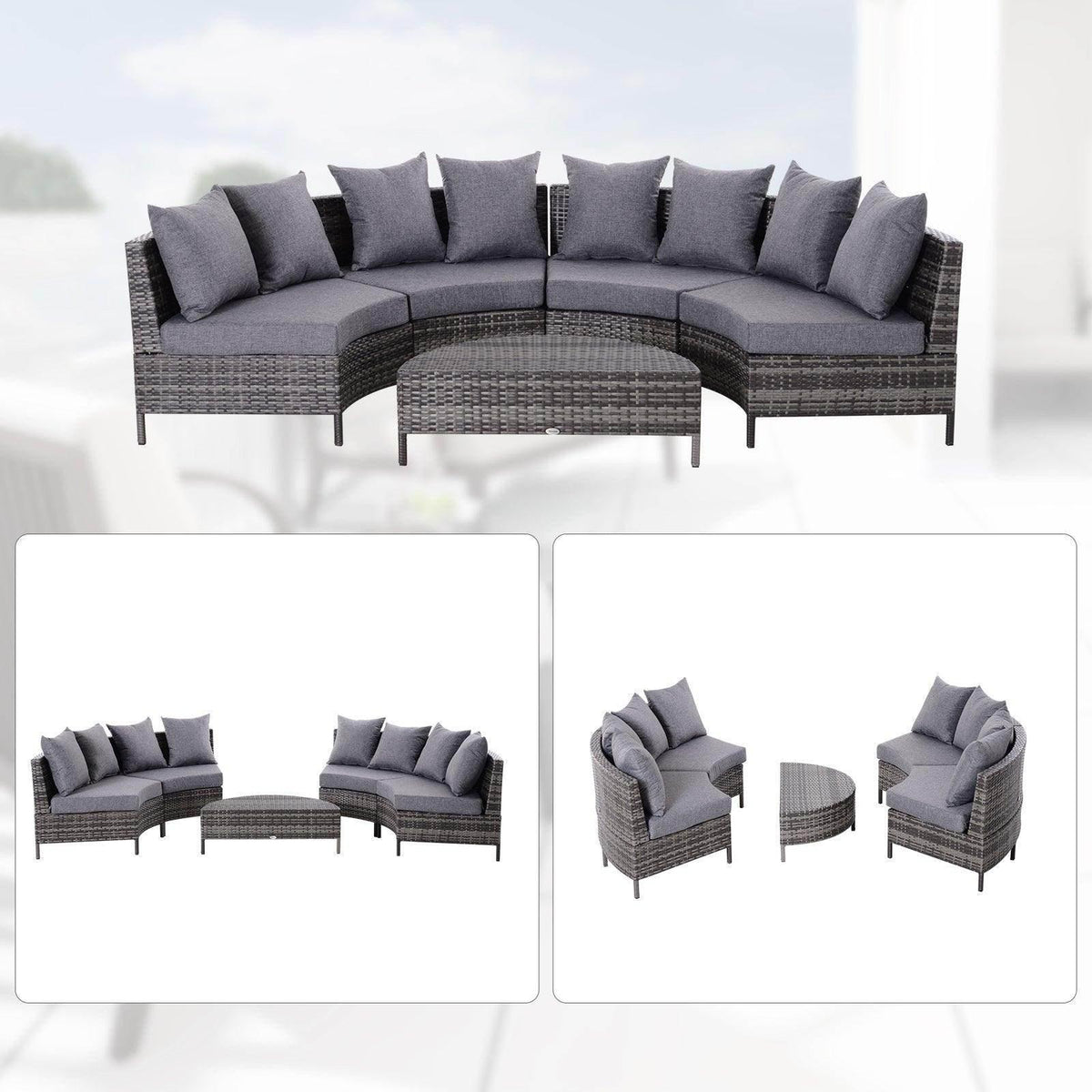 Gray outdoor rattan sectional with multiple cushions and round table centerpiece