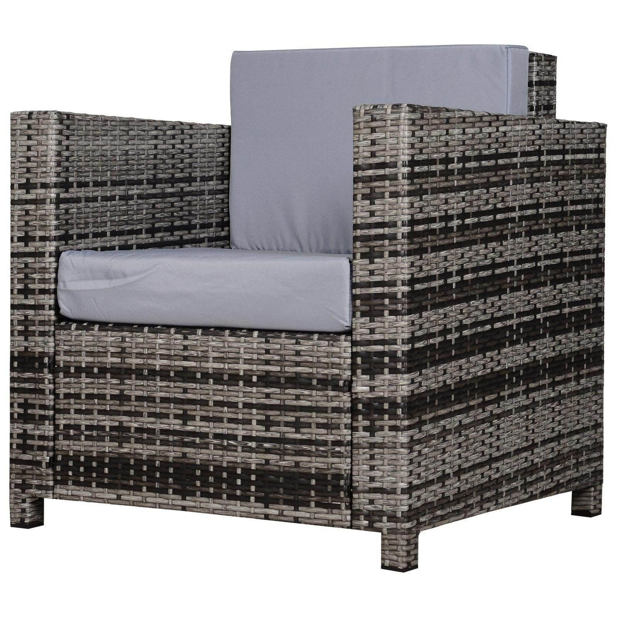 Grey all-weather rattan armchair with gray padded seat and back cushion