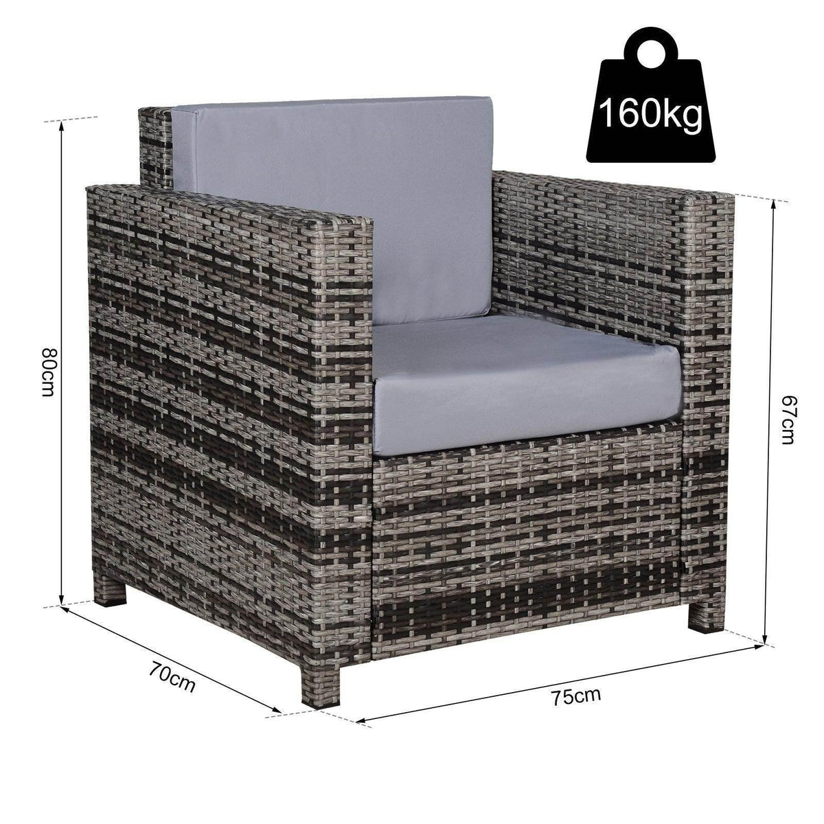 Grey rattan armchair with thick gray seat cushion and tall backrest
