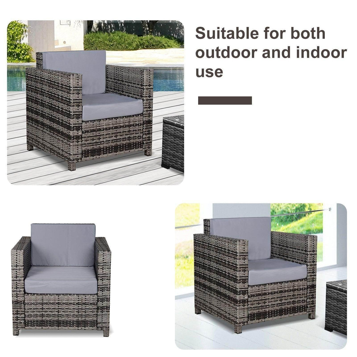 Grey rattan armchair with gray cushions, shown from side and front angles