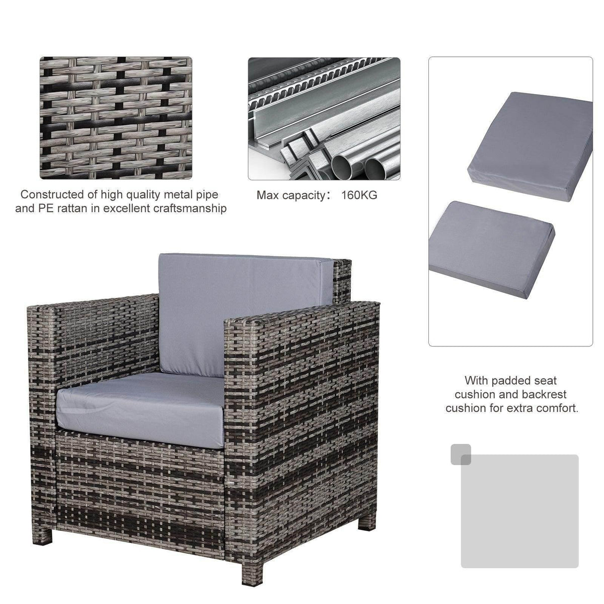 Grey rattan armchair with gray padded seat and back cushions, metal support tubes