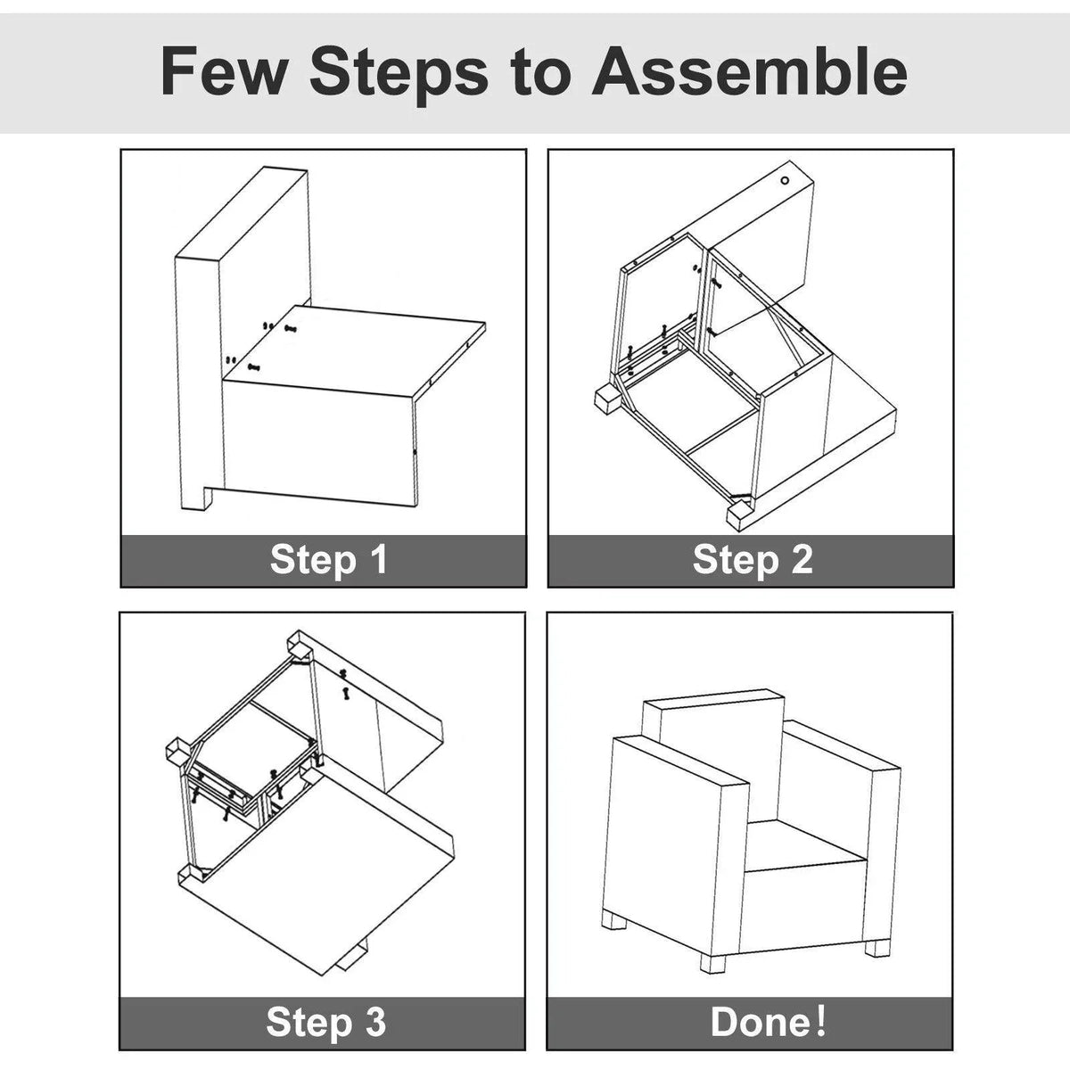 Rattan armchair assembly illustration with frame and cushion placement steps