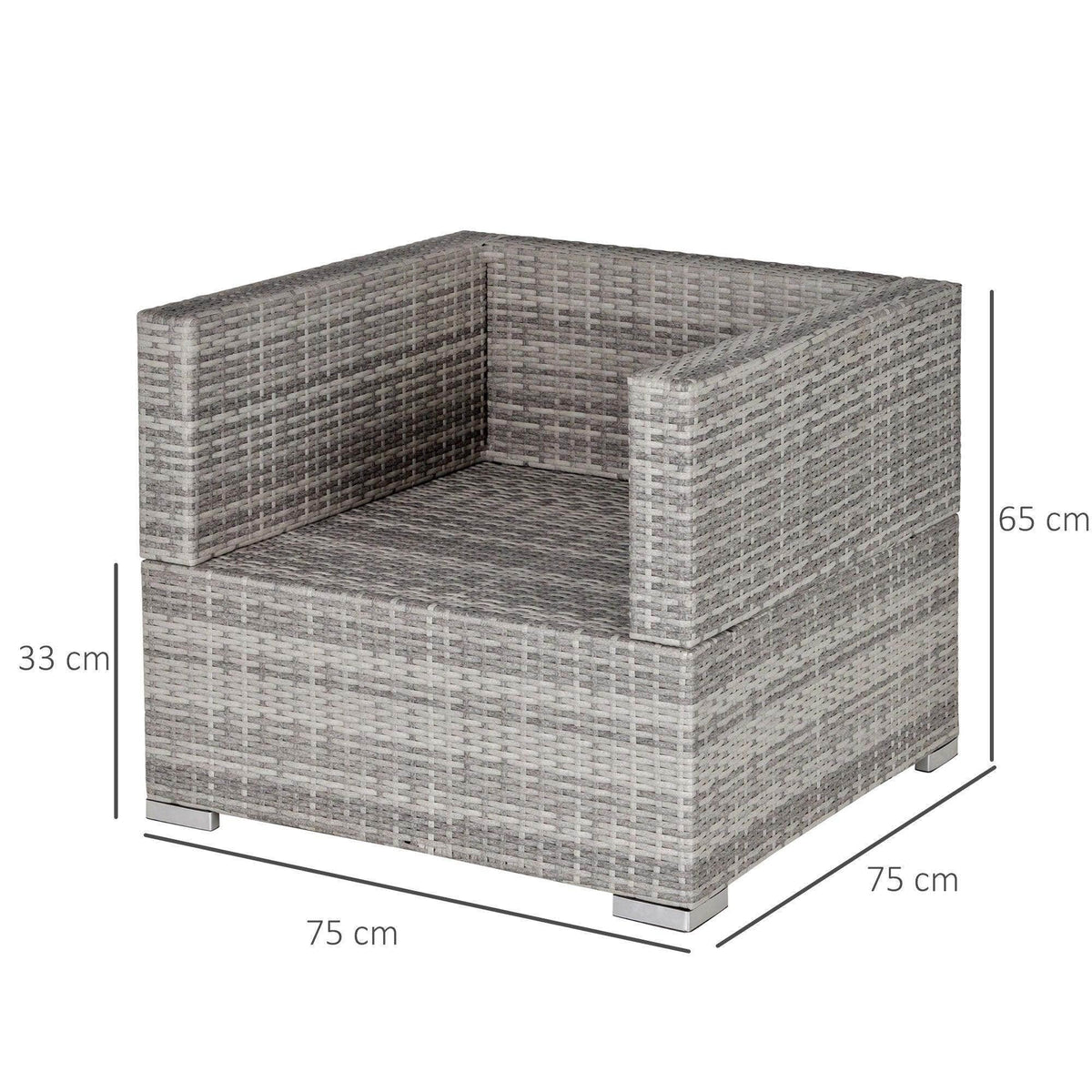 Grey rattan corner lounge chair with square padded cushions, side view