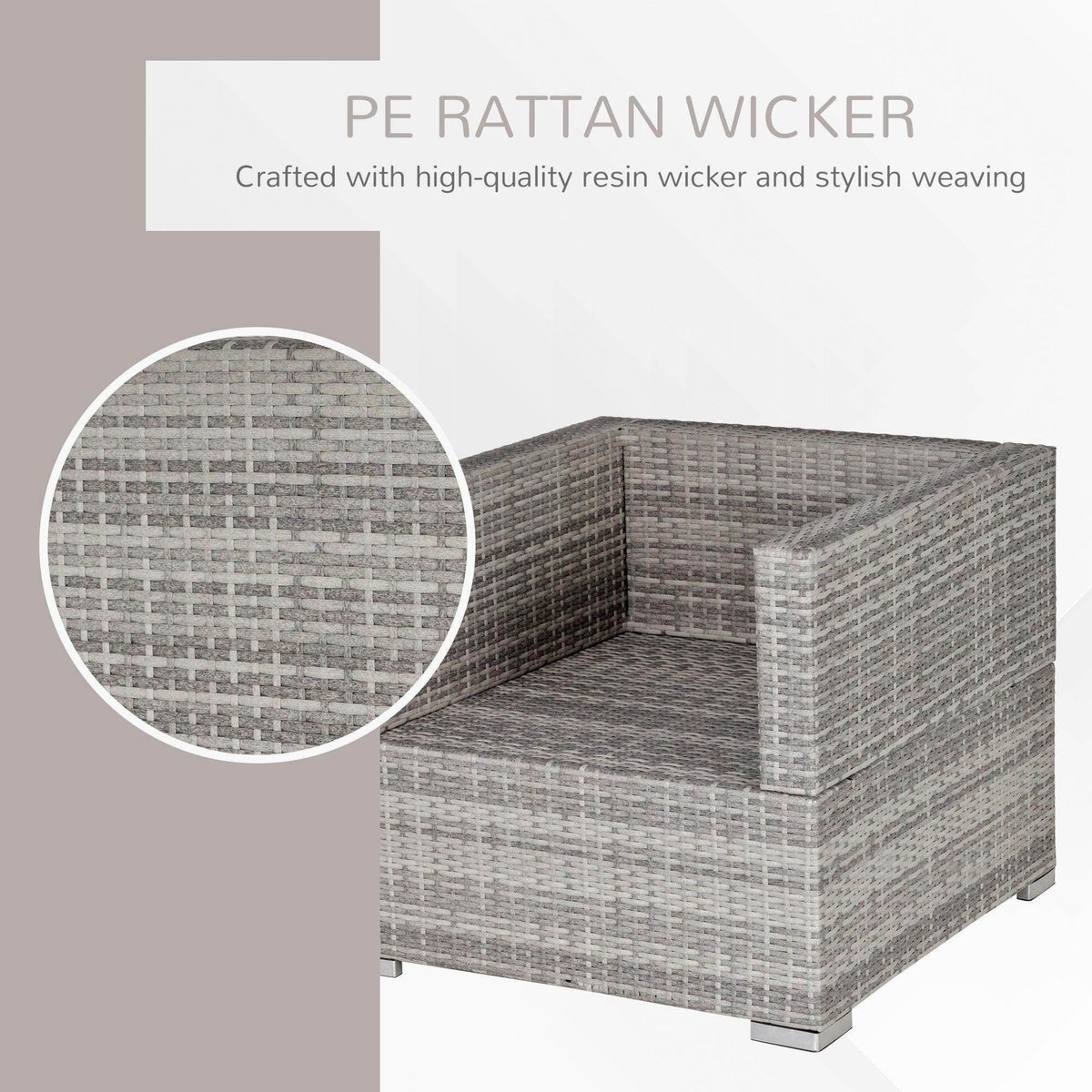 Grey resin rattan patio chair with close-up woven texture detail
