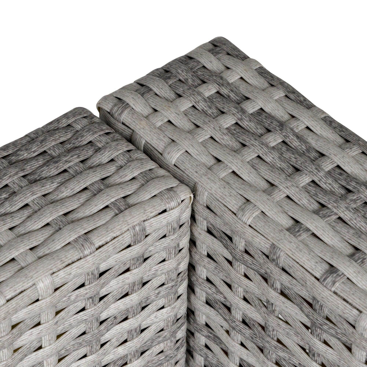Close-up of grey resin rattan weave on patio chair arm and back