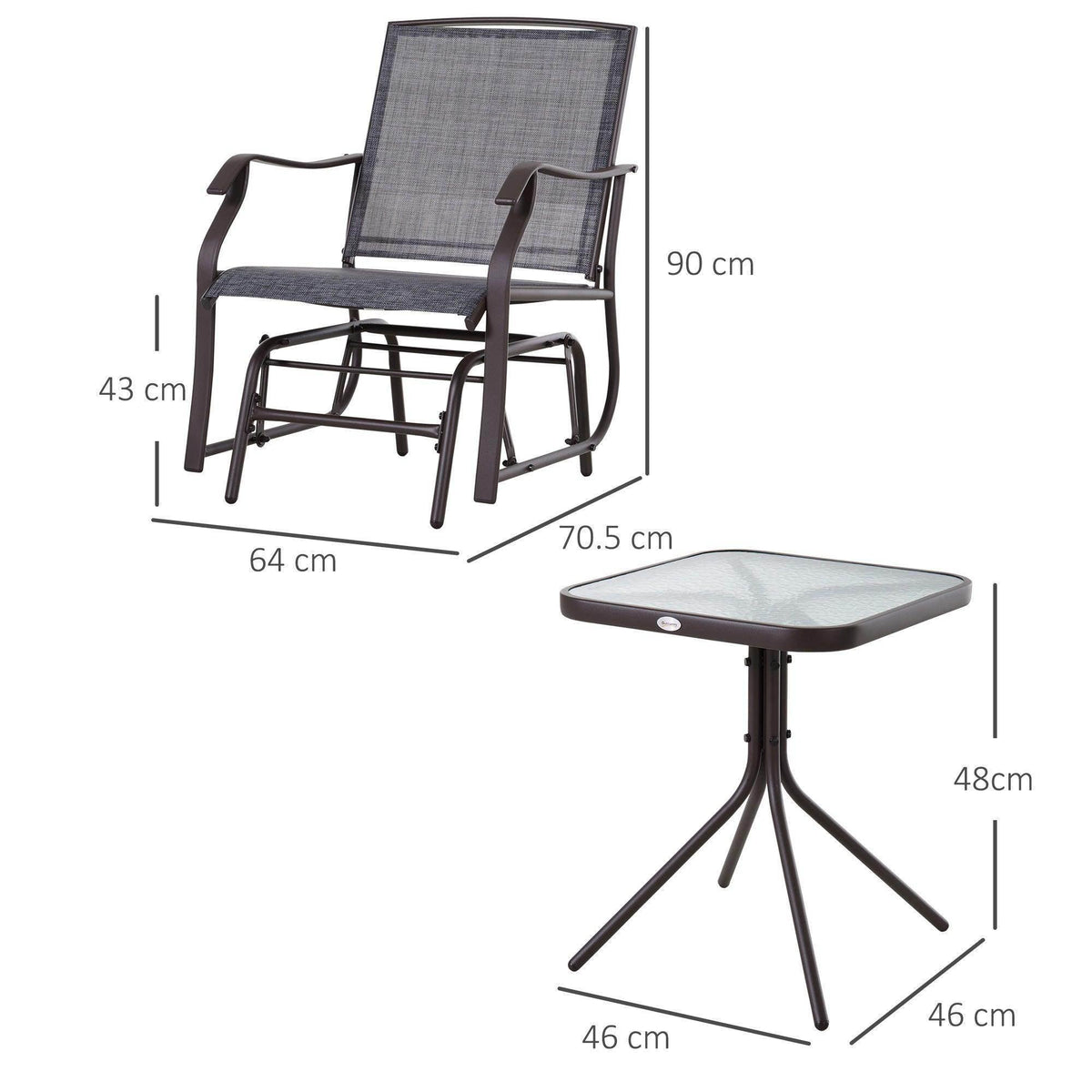Grey sling rocking chair with dark arm frame, shown with square serving table
