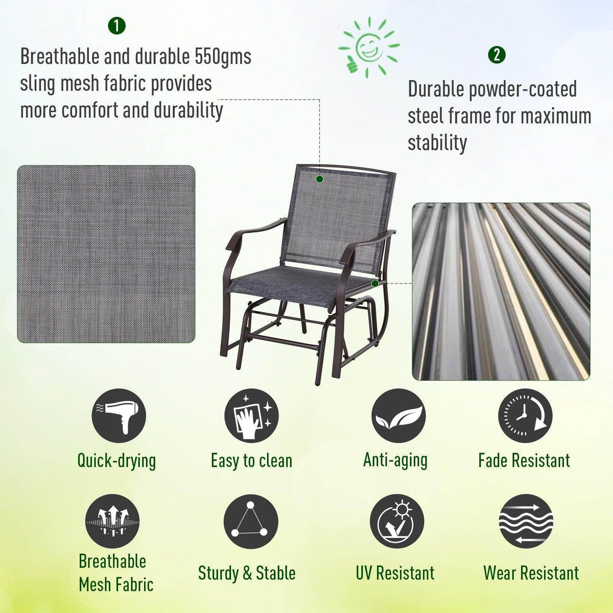 Grey sling mesh rocking chair with powder-coated steel frame and curved arm supports