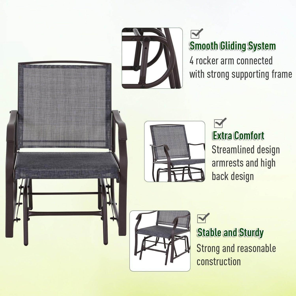 Grey sling mesh rocking chair with streamlined arms and high backrest