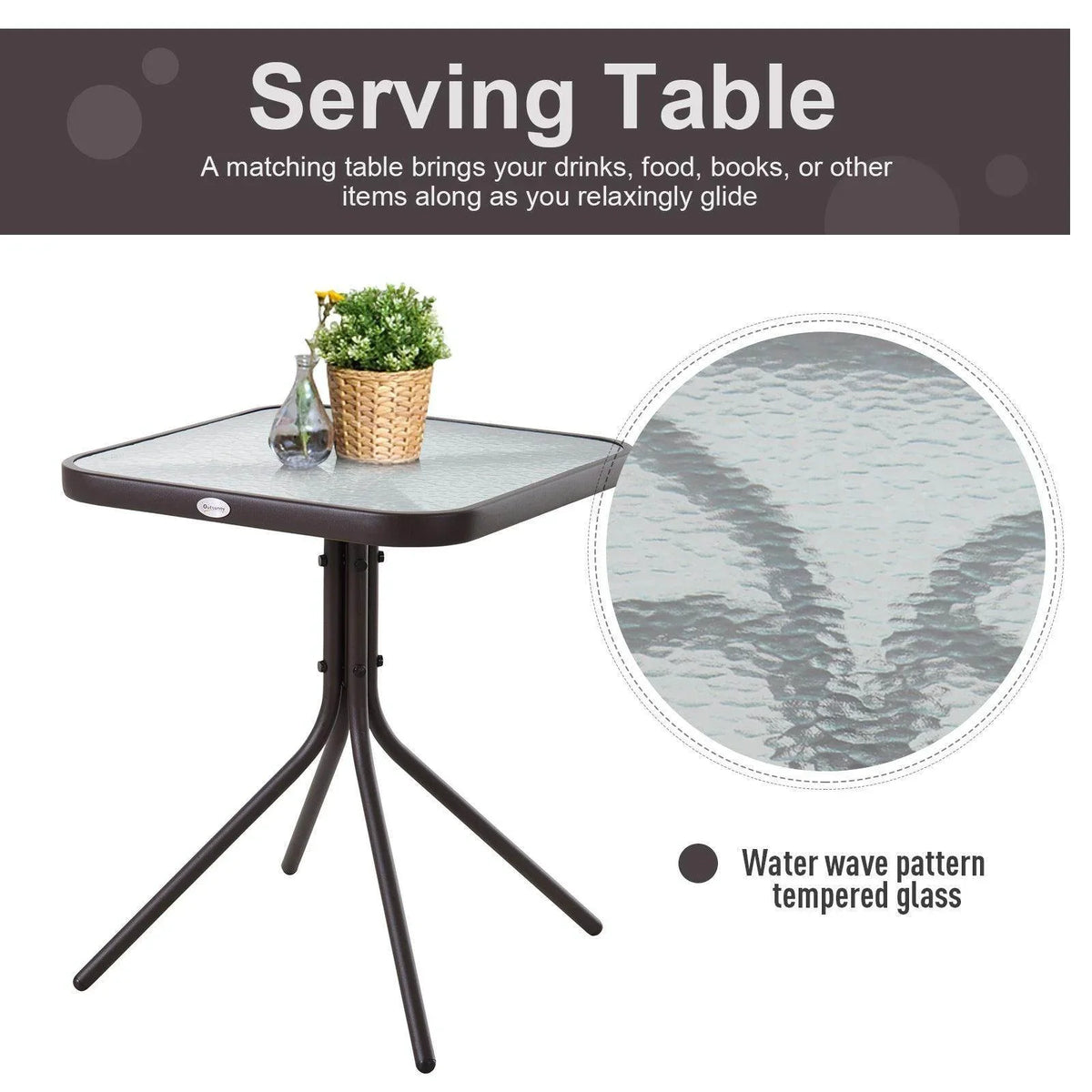 Dark pedestal serving table with square tempered glass top and water-wave pattern