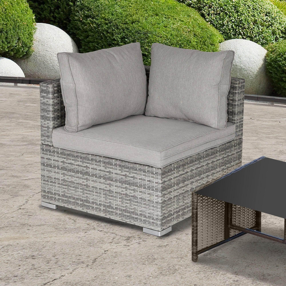Grey single sofa chair with two square back cushions and thick seat pad