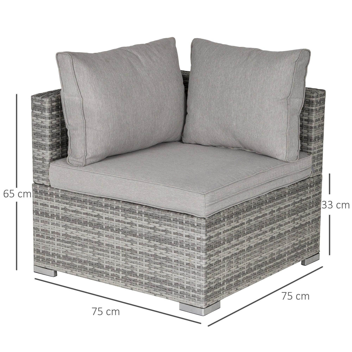 Grey single sofa chair with two upright back cushions, rattan-style arms, seat cushion