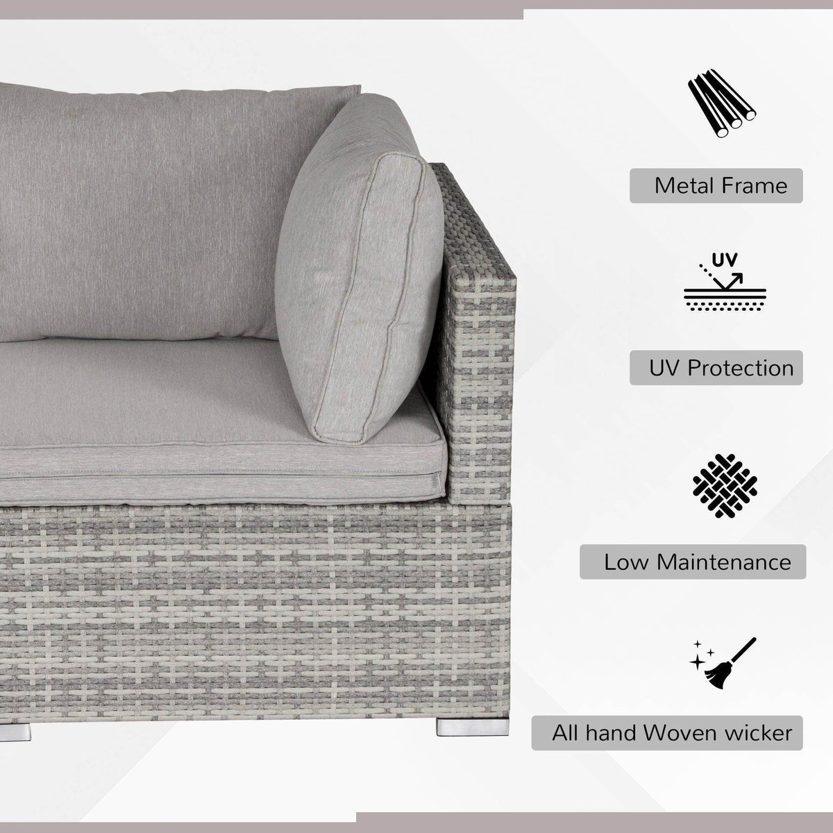 Grey rattan sofa chair with thick seat and cushioned back pillows, side corner view