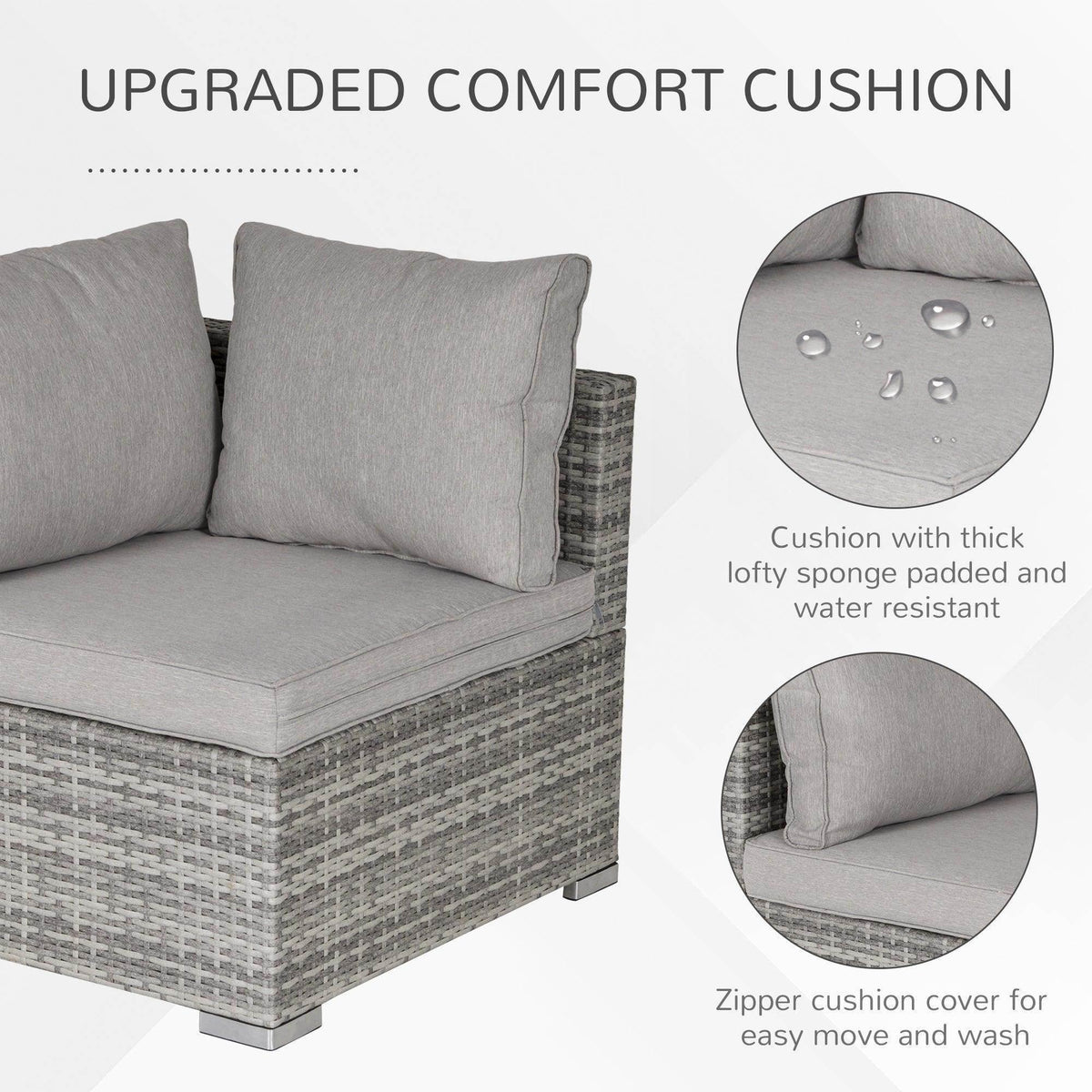 Grey outdoor sofa chair with thick seat and back cushions, zipper cushion cover