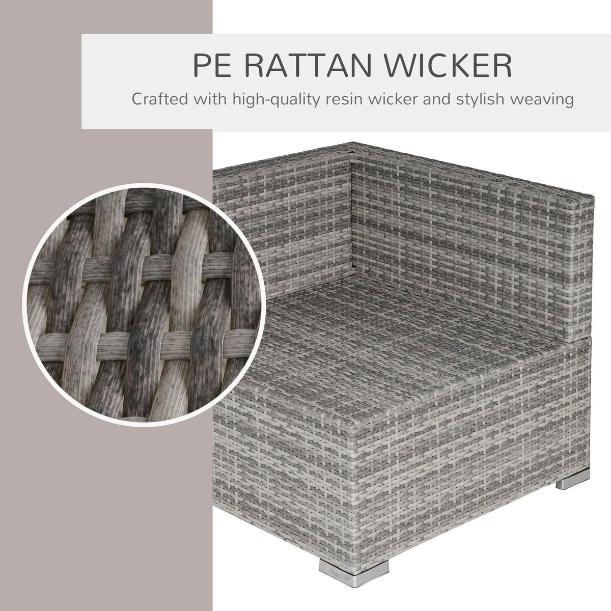 Grey PE rattan wicker armchair with woven texture and square cushioned seat base