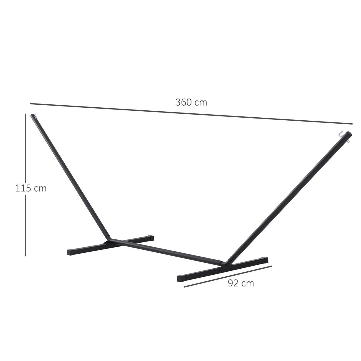 Black hammock stand frame with three-point base and visible size dimensions