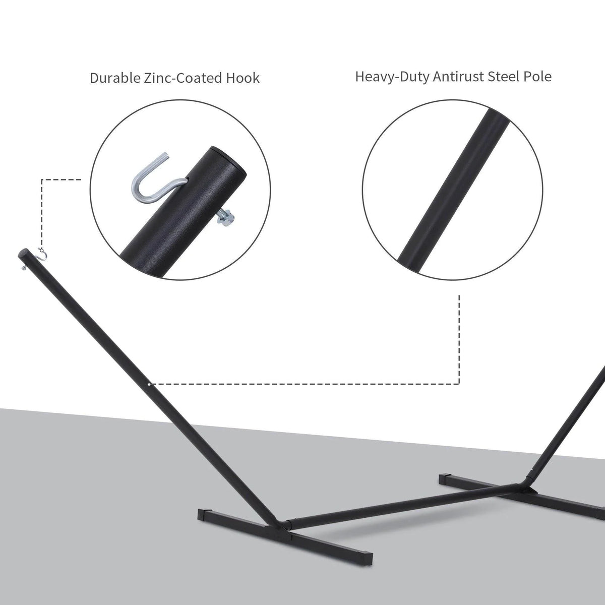 Black hammock stand pole with durable zinc-coated hook and heavy-duty steel frame
