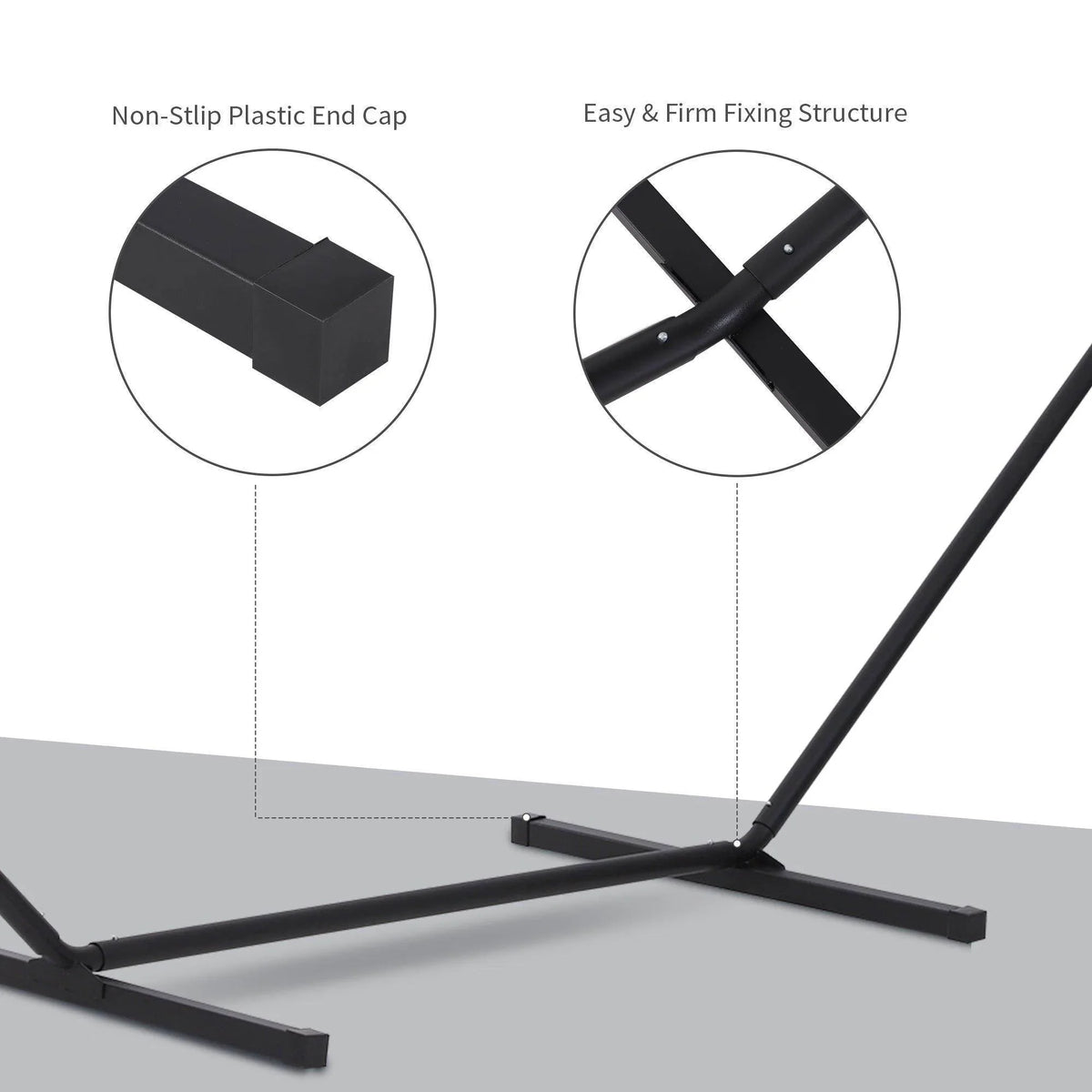 Black hammock stand base with non-slip plastic end caps and sturdy cross structure